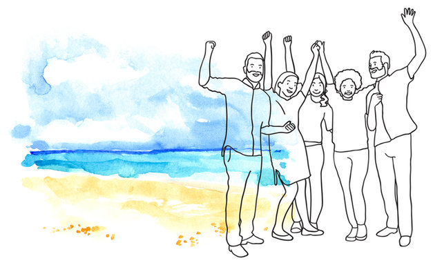 Illustratie van een groep blije mensen aan het strand